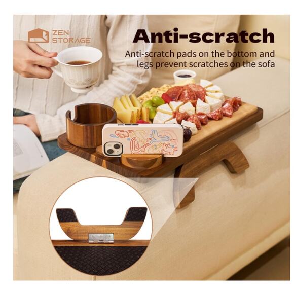 Acacia Wood Couch Arm Table Tray with Charcuterie Board & Phone Holder, Cup Slot - Picture 4 of 9